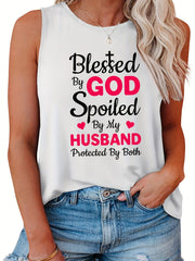  Heart & Letter Print Tank Top Round Neck