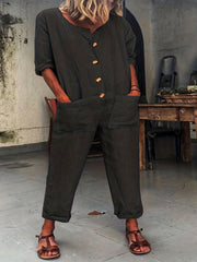  Half Sleeve Round Neck Button Up Jumpsuit