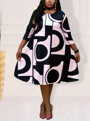  Geometric Print Half Sleeve Loose Fit Dress