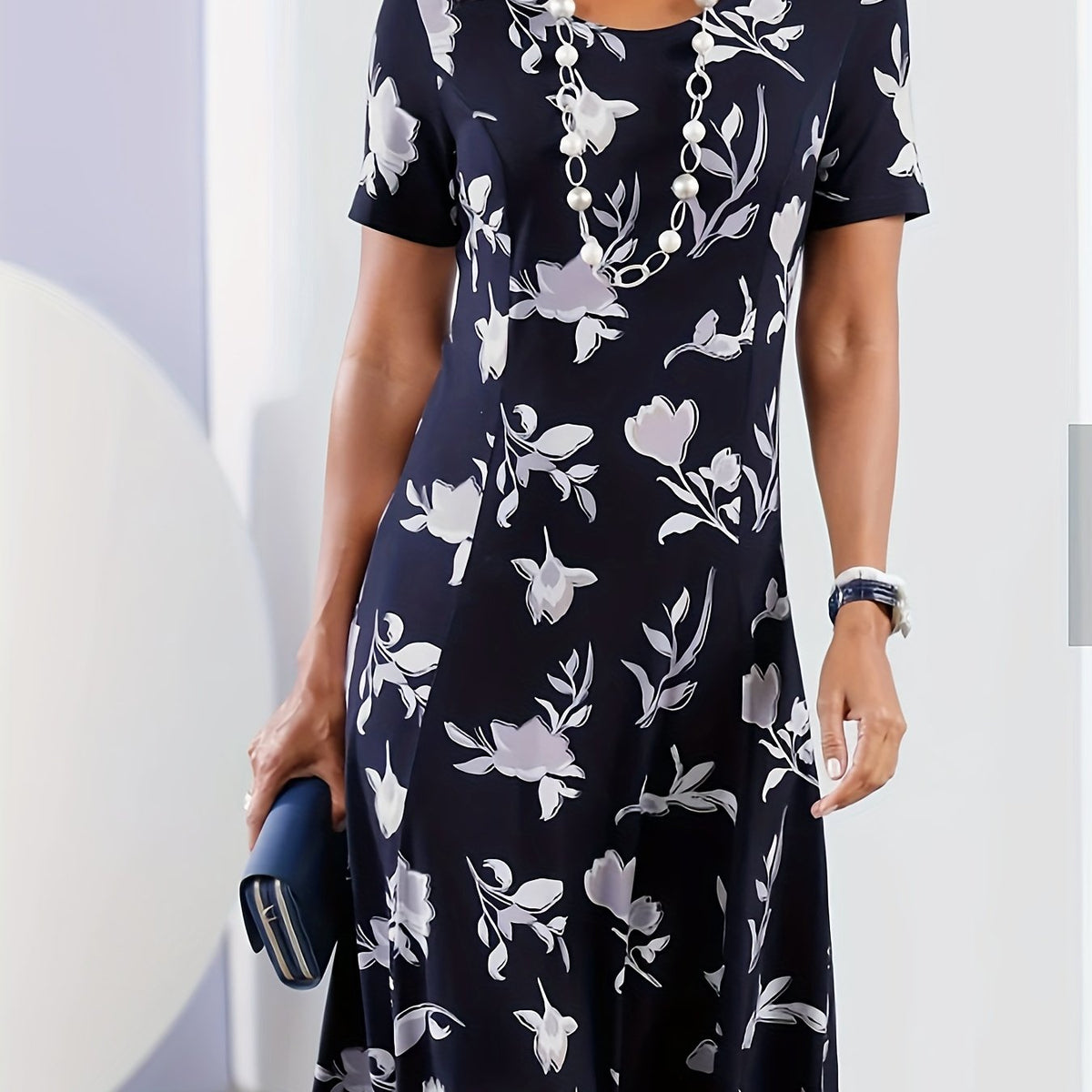  Floral Print Short Sleeve Round Neck Dress