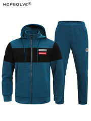 Men's 2 Piece Outfits Block Hooded Zipper Jacket And Sweatpants Set