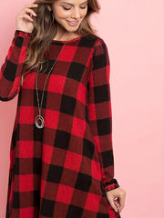 Plus Plaid Print Lantern Sleeve Round Neck Mini Midi Dress