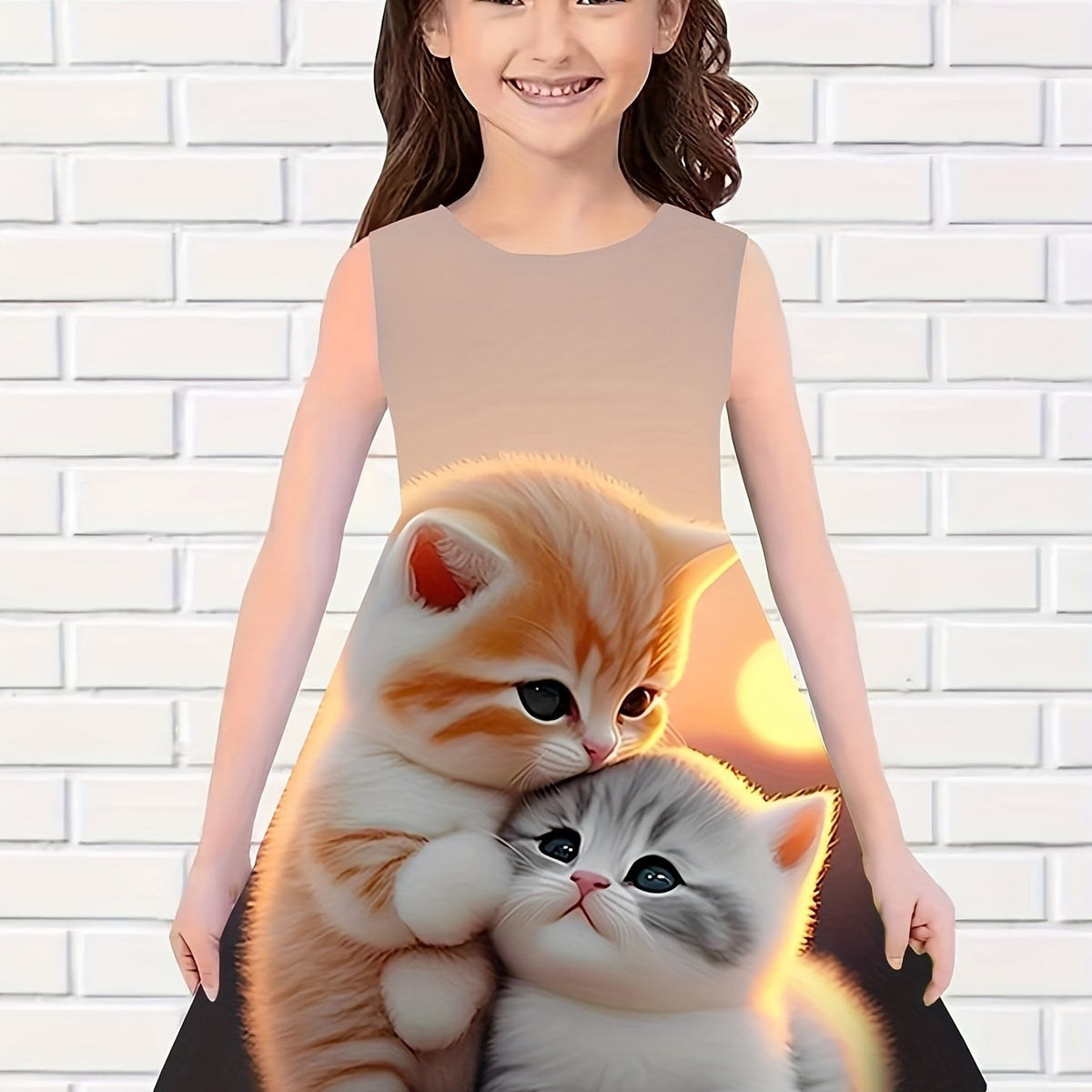 Girls Sunset Cat Sleeveless Dress