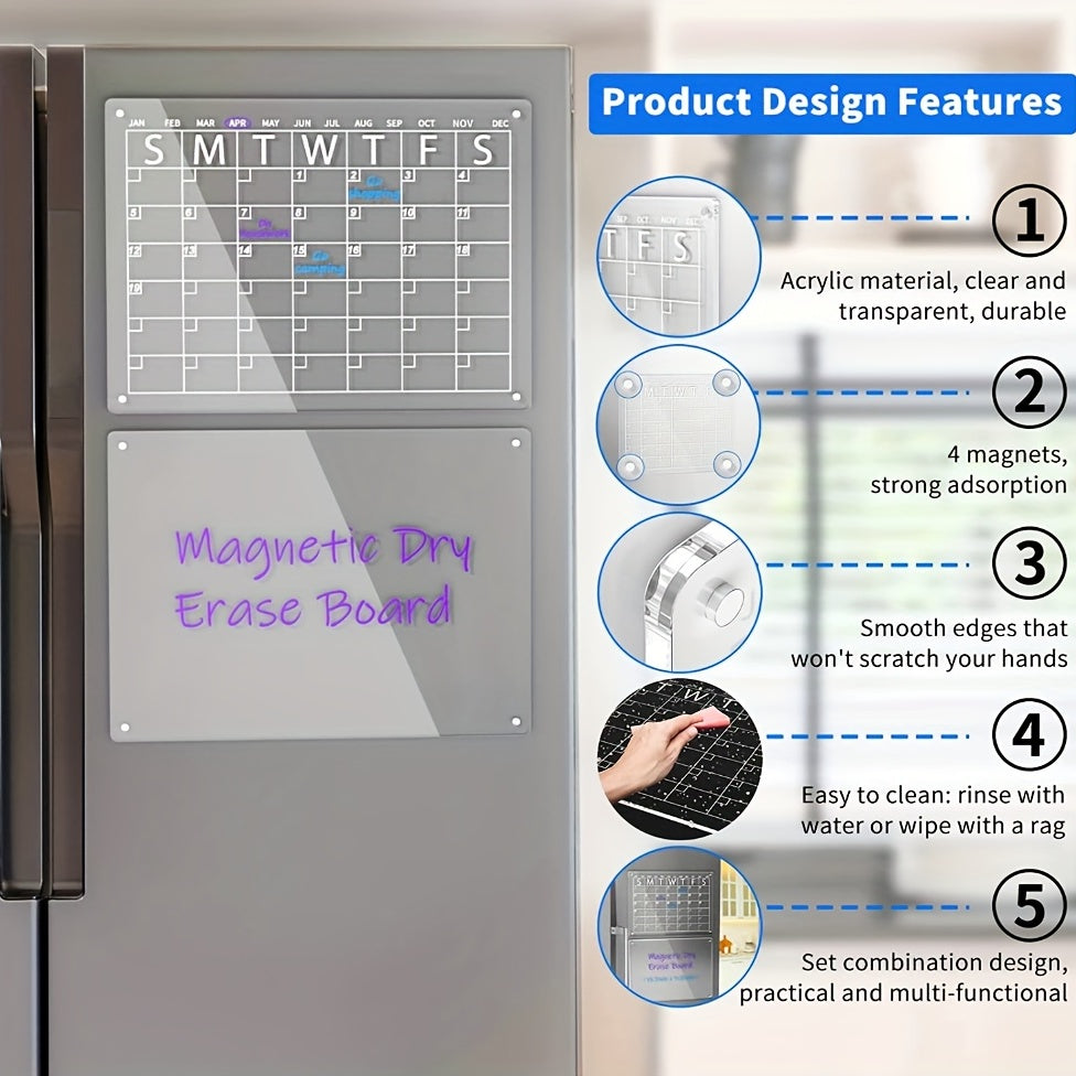 Acrylic Magnetic Dry Erase Board & Calendar for Fridge - Clear Set of 2