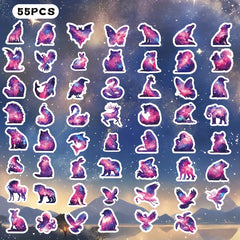 55pcs Animal & Galaxy Star Reusable Stickers for Phone Cases & Luggage
