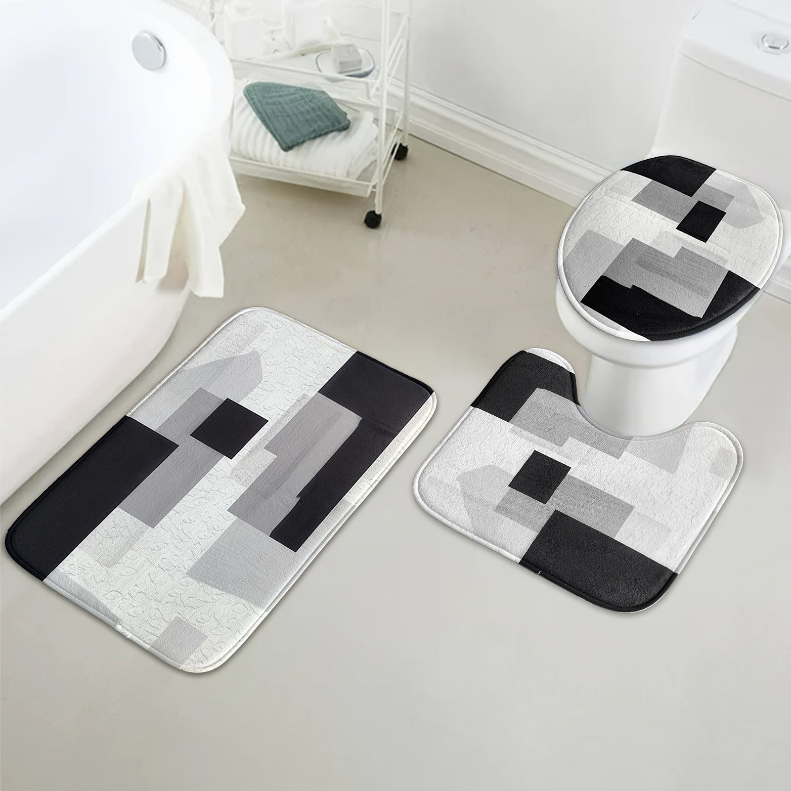 4 Piece Bathroom Set: Shower Curtain, Rugs, Non Slip Mat & Hooks