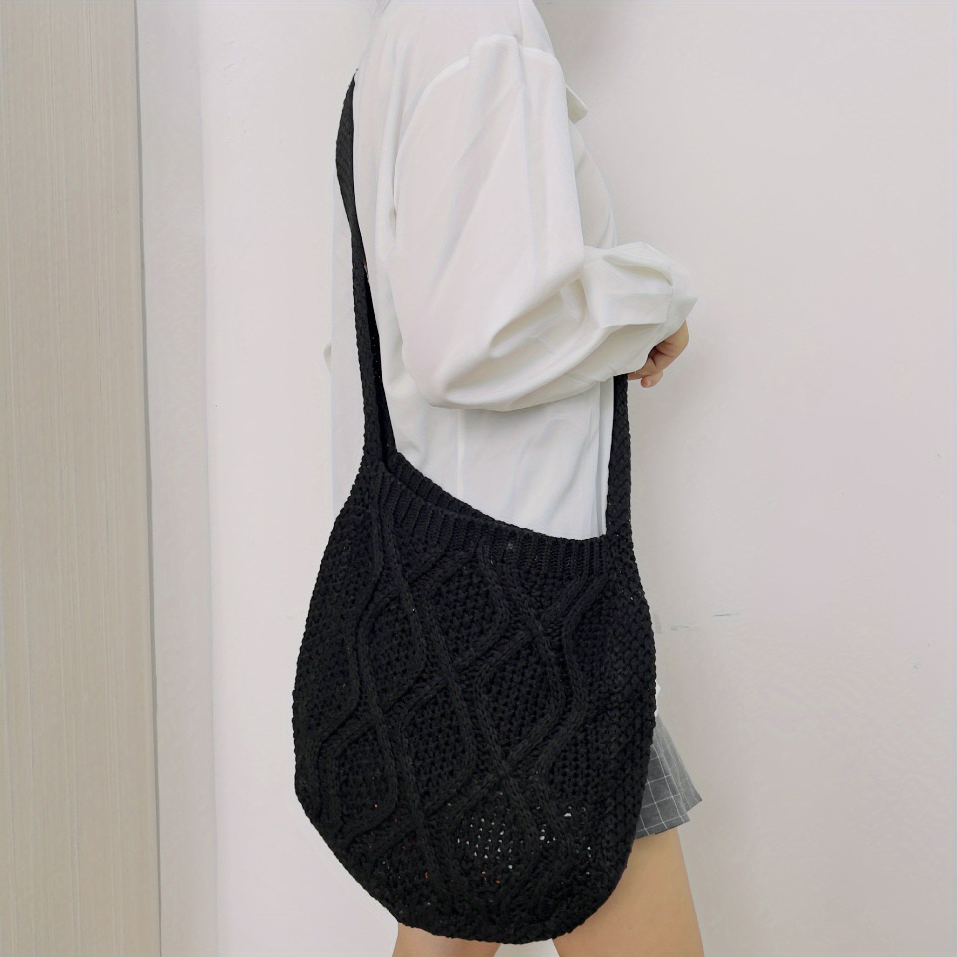 Casual Large Capacity Knitted Bag Solid Crochet Shoulder Bag