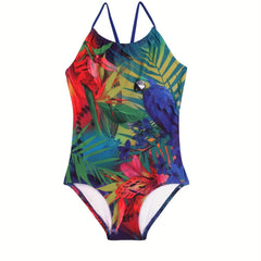 Toddlr Girl Plant & Parrot Graphic Cami Swimsuit Kids Beach Clothes