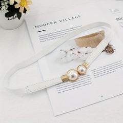 Faux Pearl Buckle Belt Women PU Leather Waist Elastic Thin Belts