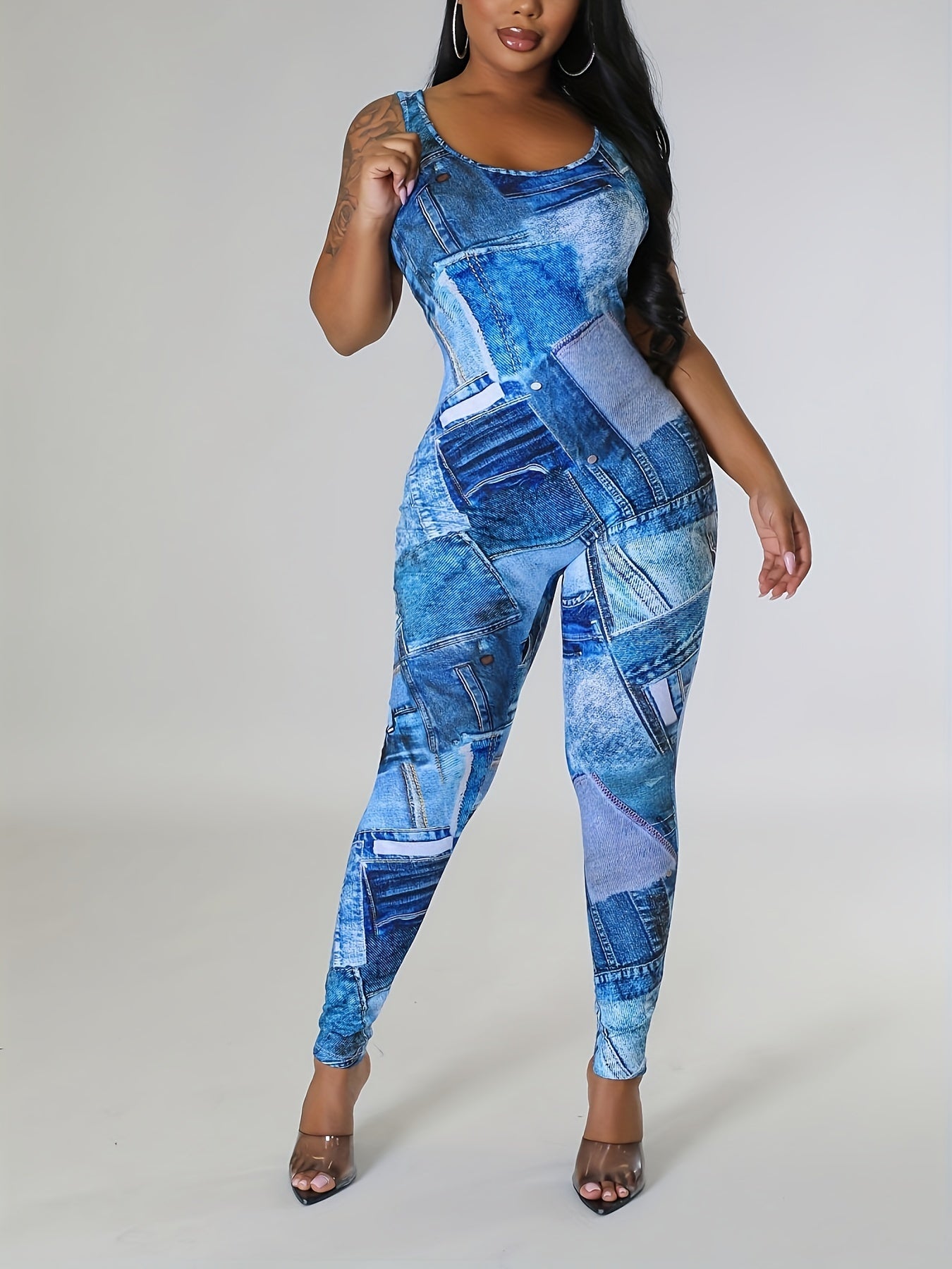 Denim Print Slim Tank Jumpsuit Women's Clothing