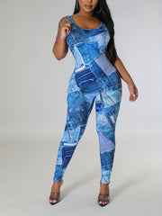 Denim Print Slim Tank Jumpsuit Women's Clothing