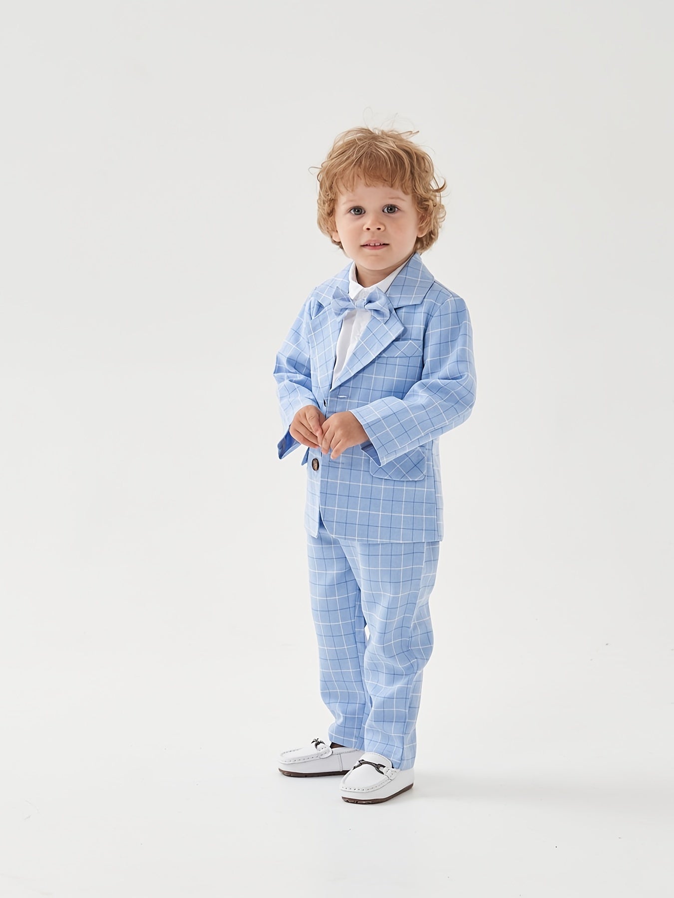 Plaid Blazer Jacket Trousers Bow Tie Set Boys Spring Fall Clothes