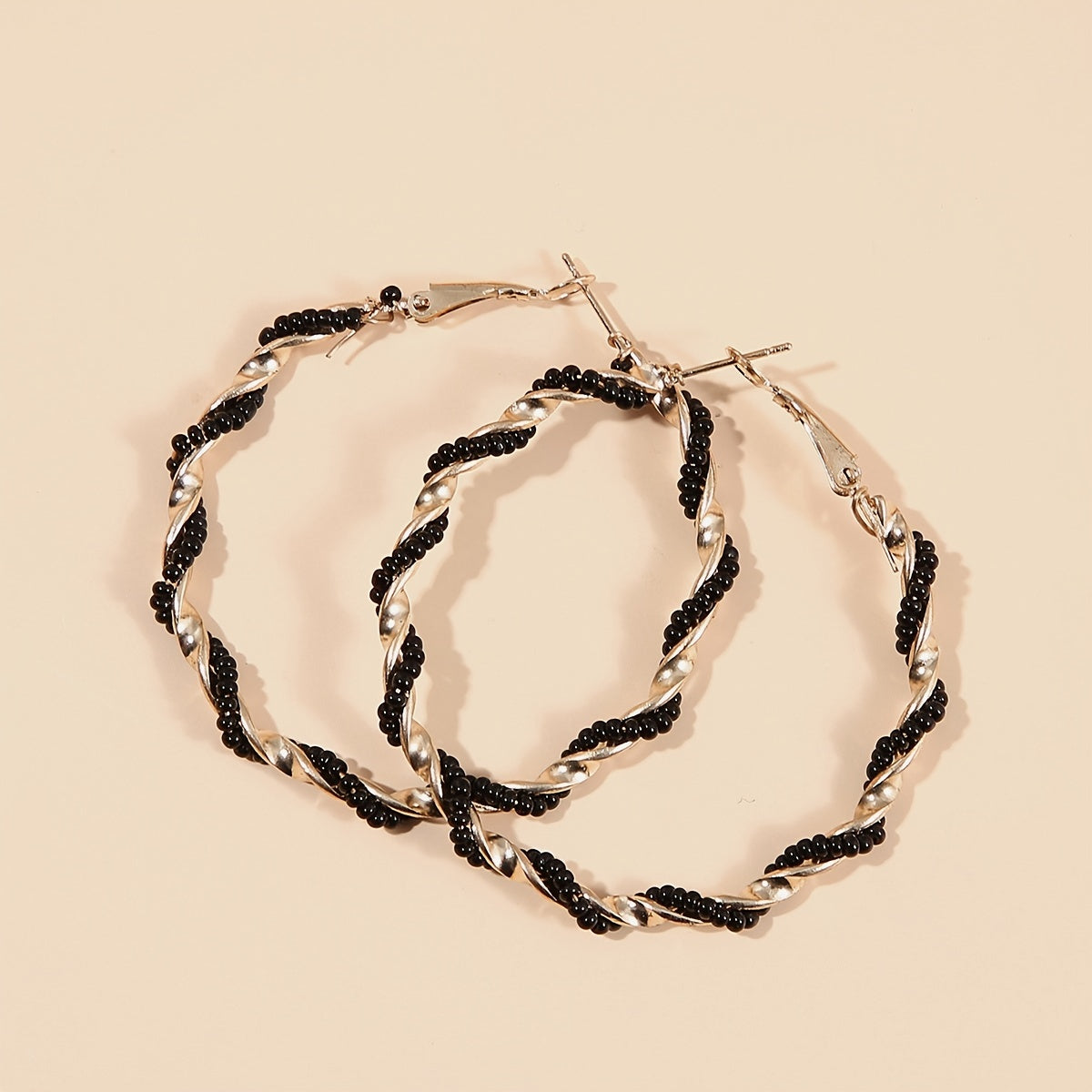 Boho Hoop Earrings With Beads Decor Stainless Steel Silver Plated Jewelry
