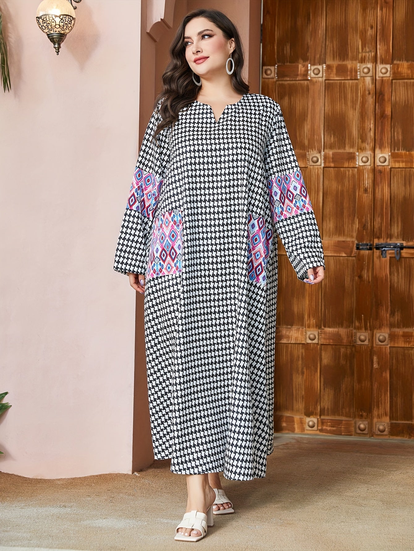  Houndstooth & Geometric Print Maxi Dress
