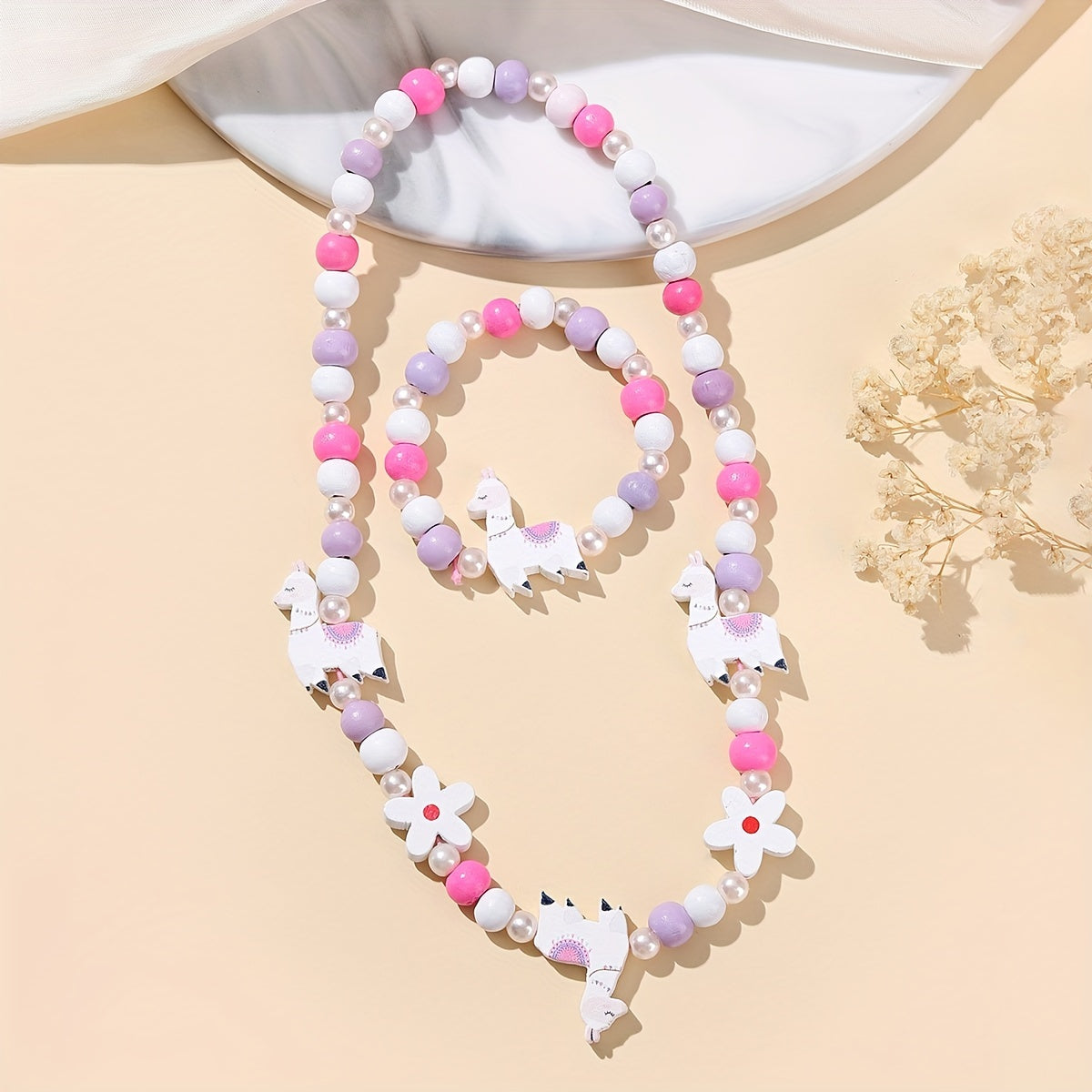 Pink Wood Fox Flower Beads Jewelry Set
