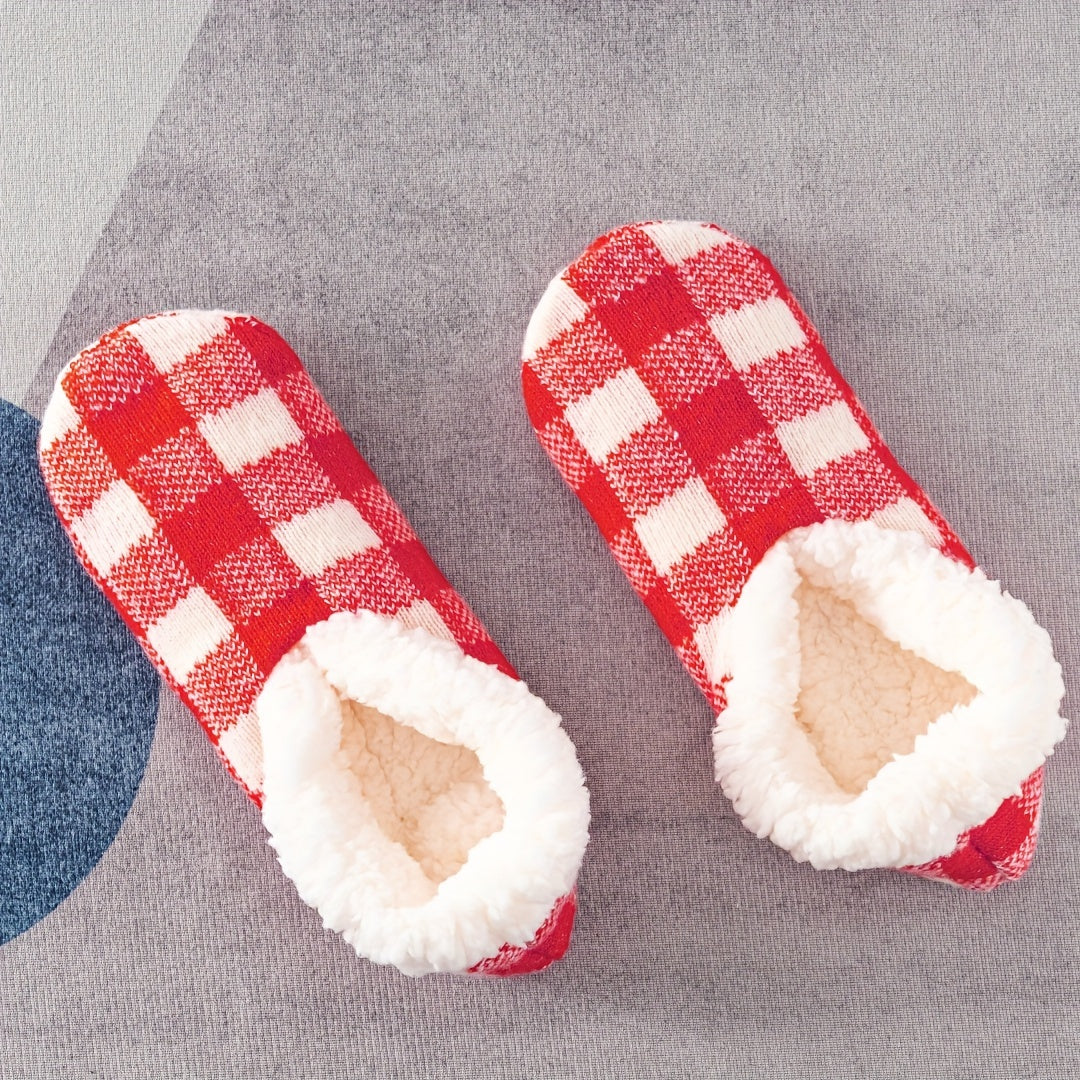 Plaid Plush Lined Socks Soft & Warm Low Cut Floor Socks Women's Stockings