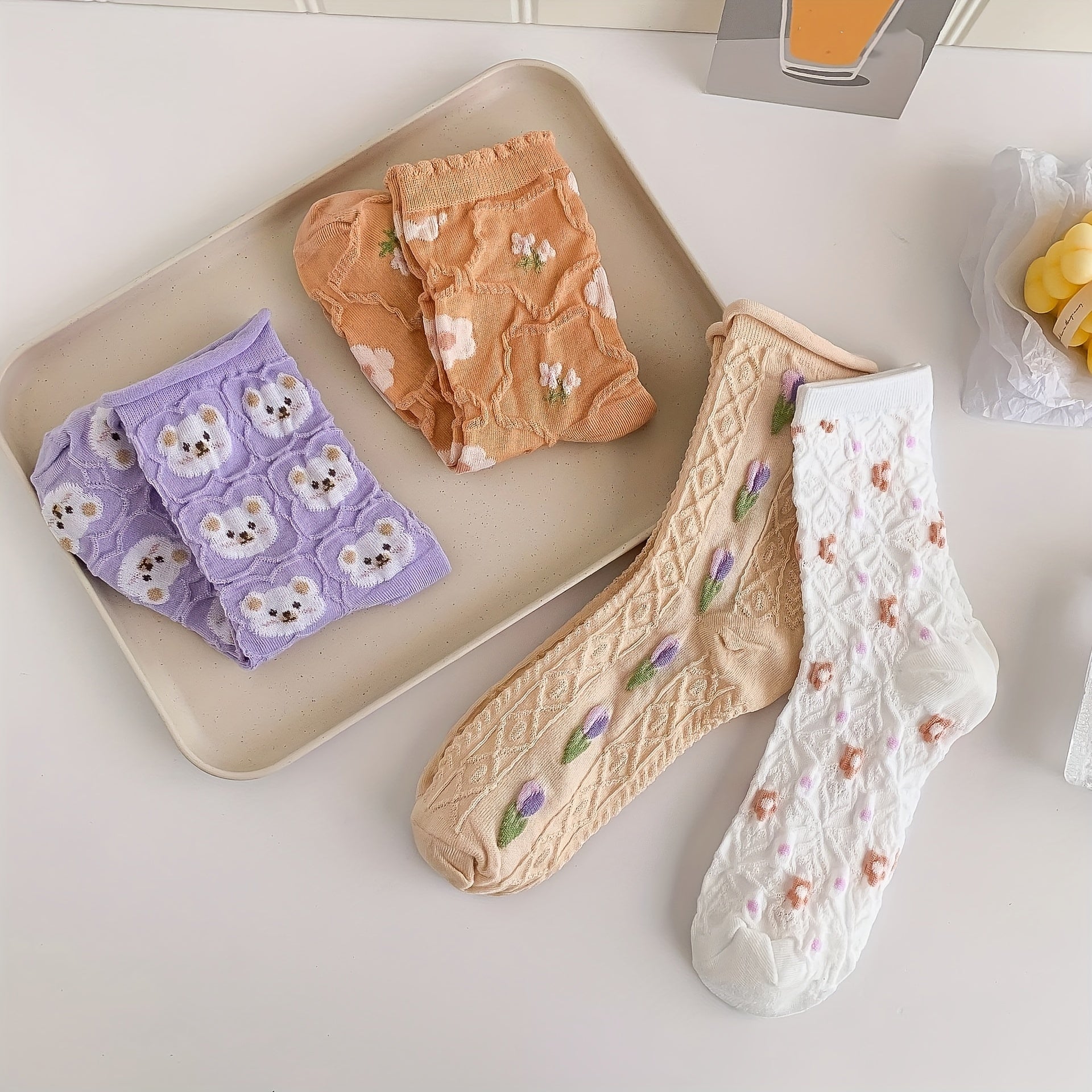 4 Pairs Floral Print Textured Socks Women's Stockings