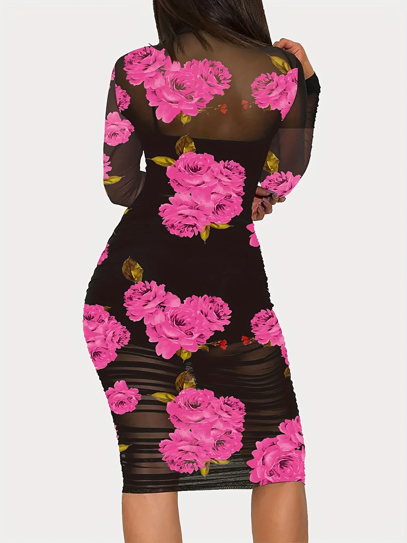 Sexy Floral Print 3pc Set Crop Top Shorts Bodycon Mesh Dress