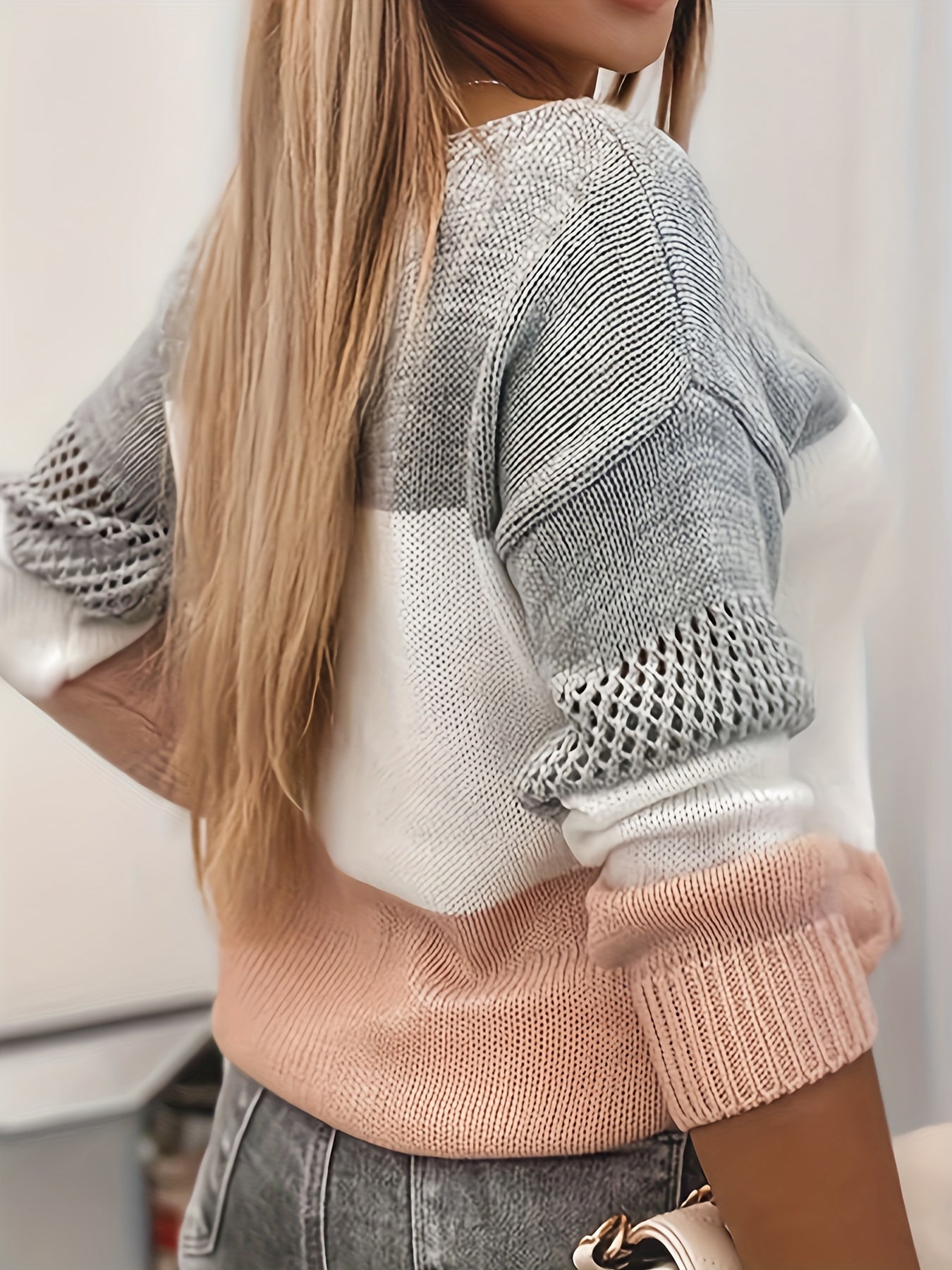  Colorblock Pointelle Drop Shoulder Sweater