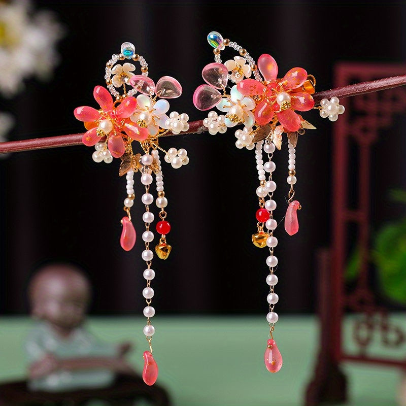 Red Floral Hair Clips Crystal Tassel Hairpin Festive Accessories