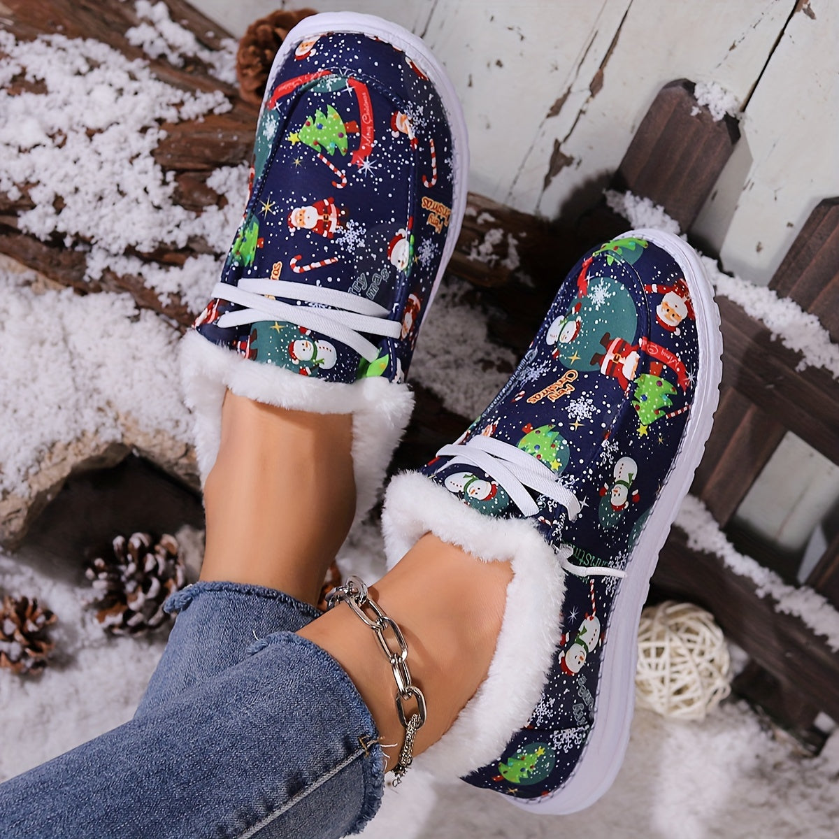Women's Winter Christmas Snow Boots with Snowflakes Snowmen Santa Claus Pattern