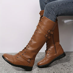 Women's Lace Up Knee High Combat Boots Low Heel Round Toe Riding Boots