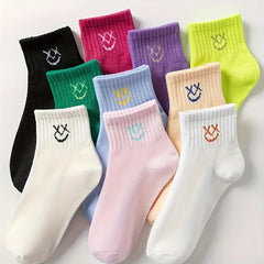 10 Pairs Smiling Print Socks Comfy & Breathable Mid Tube Socks