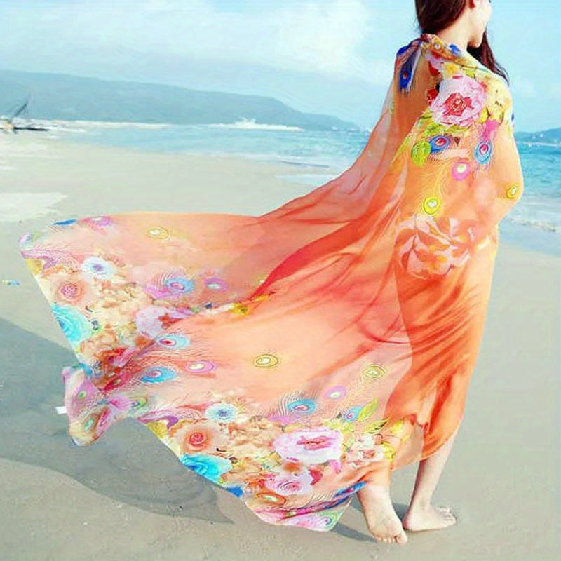 Boho Peacock Feather Print Chiffon Scarf Bikini Cover Up