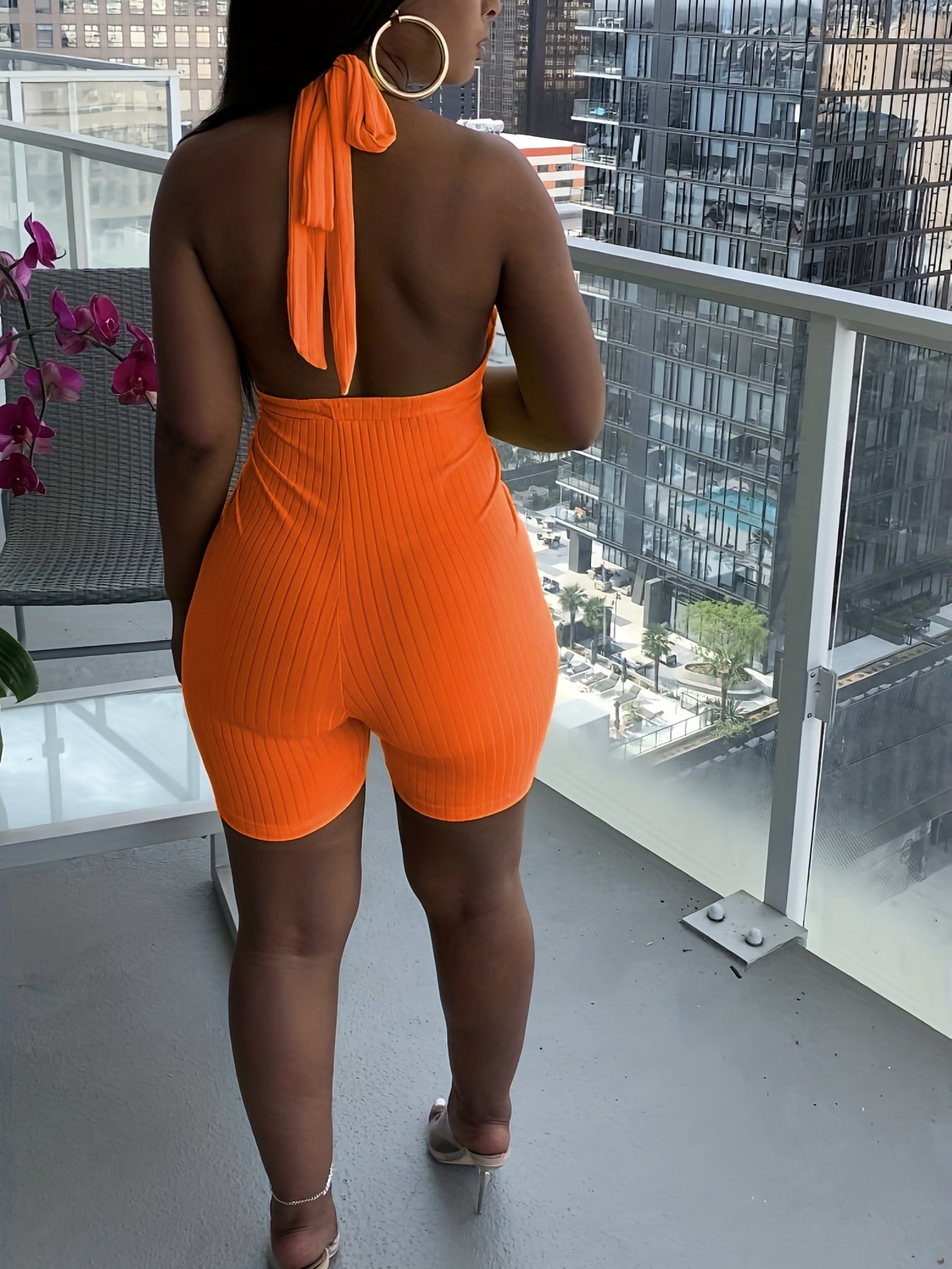 Plunging Halter Neck Romper Sexy Solid Bodycon Summer Women's Clothing