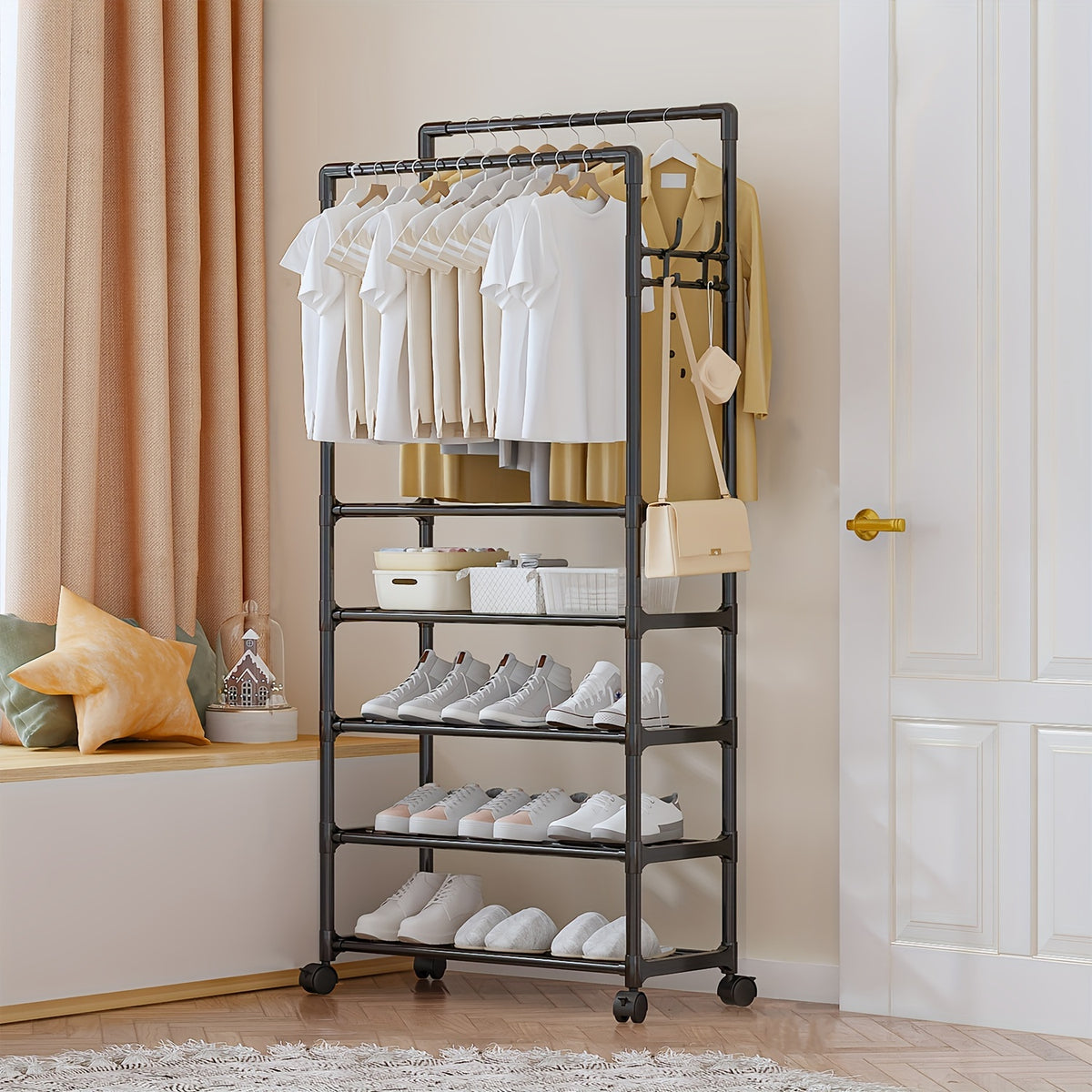 Double Pole Coat Rack Movable 5 Layer Clothes Rack