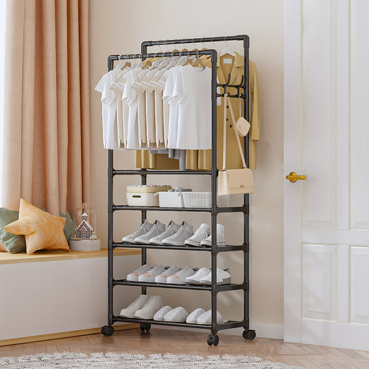 Double Pole Coat Rack Movable 5 Layer Clothes Rack