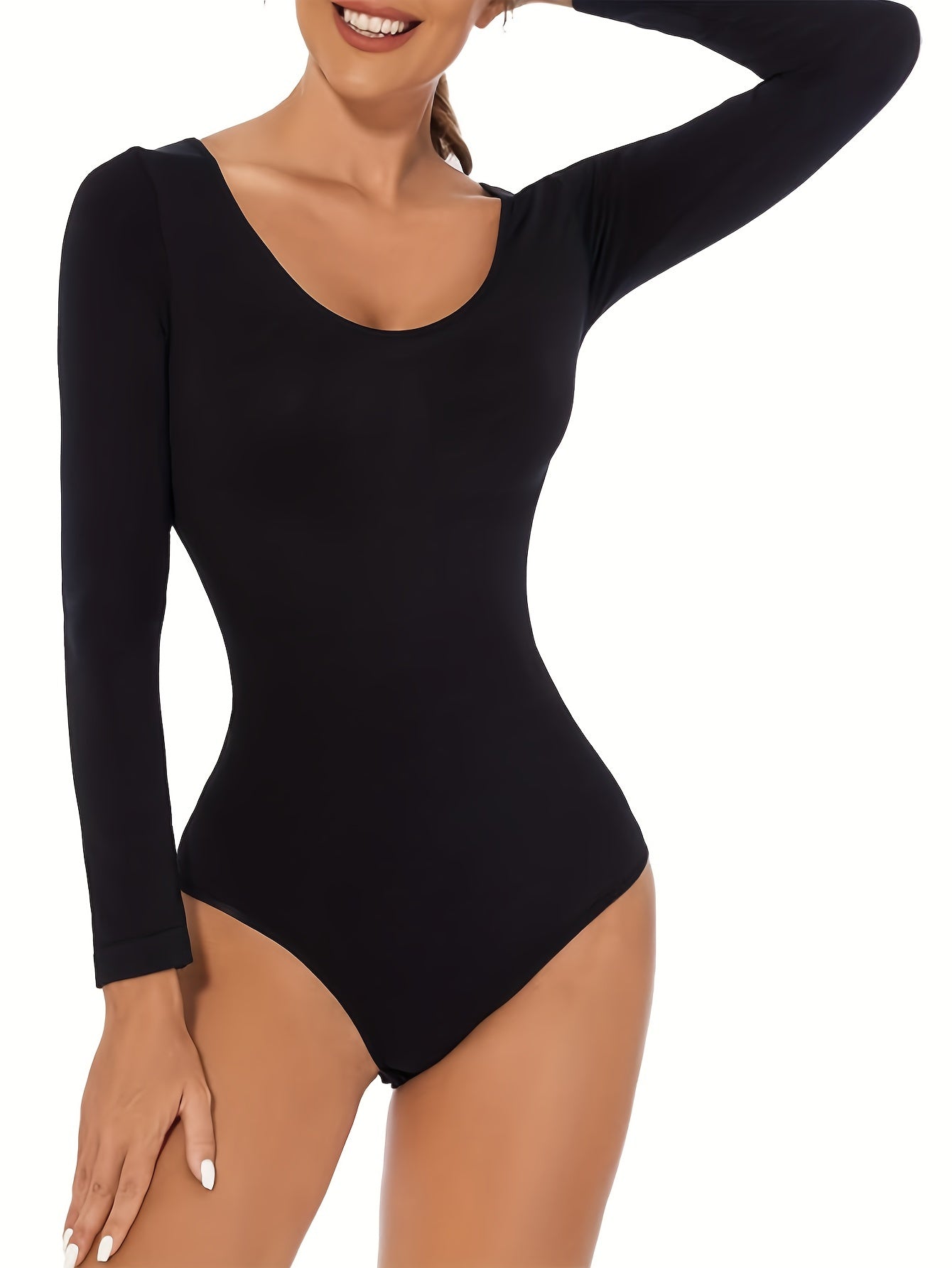 Seamless Solid Shaping Bodysuit Long Sleeve Crew Neck Slimming Body Shaper