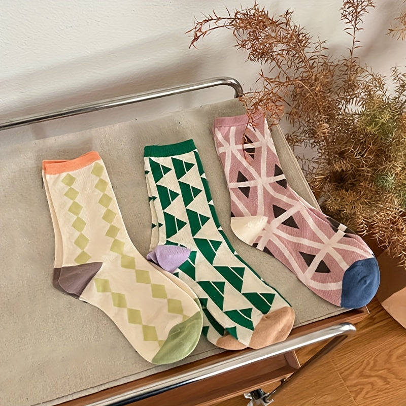 3 Pairs Geometric Print Socks Mid Tube Stockings Breathable Women's Hosiery