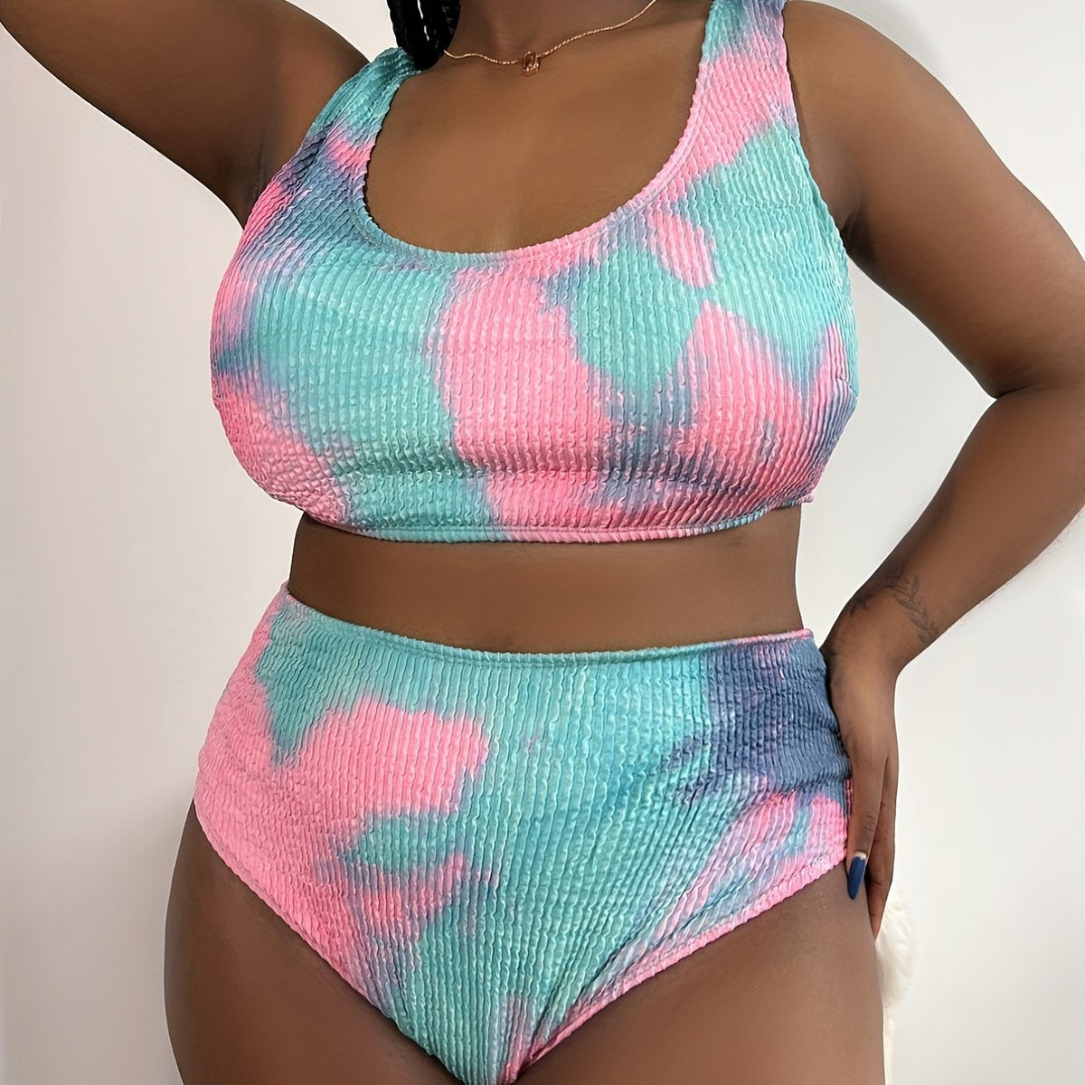  Tie Dye Textured Tankini Set