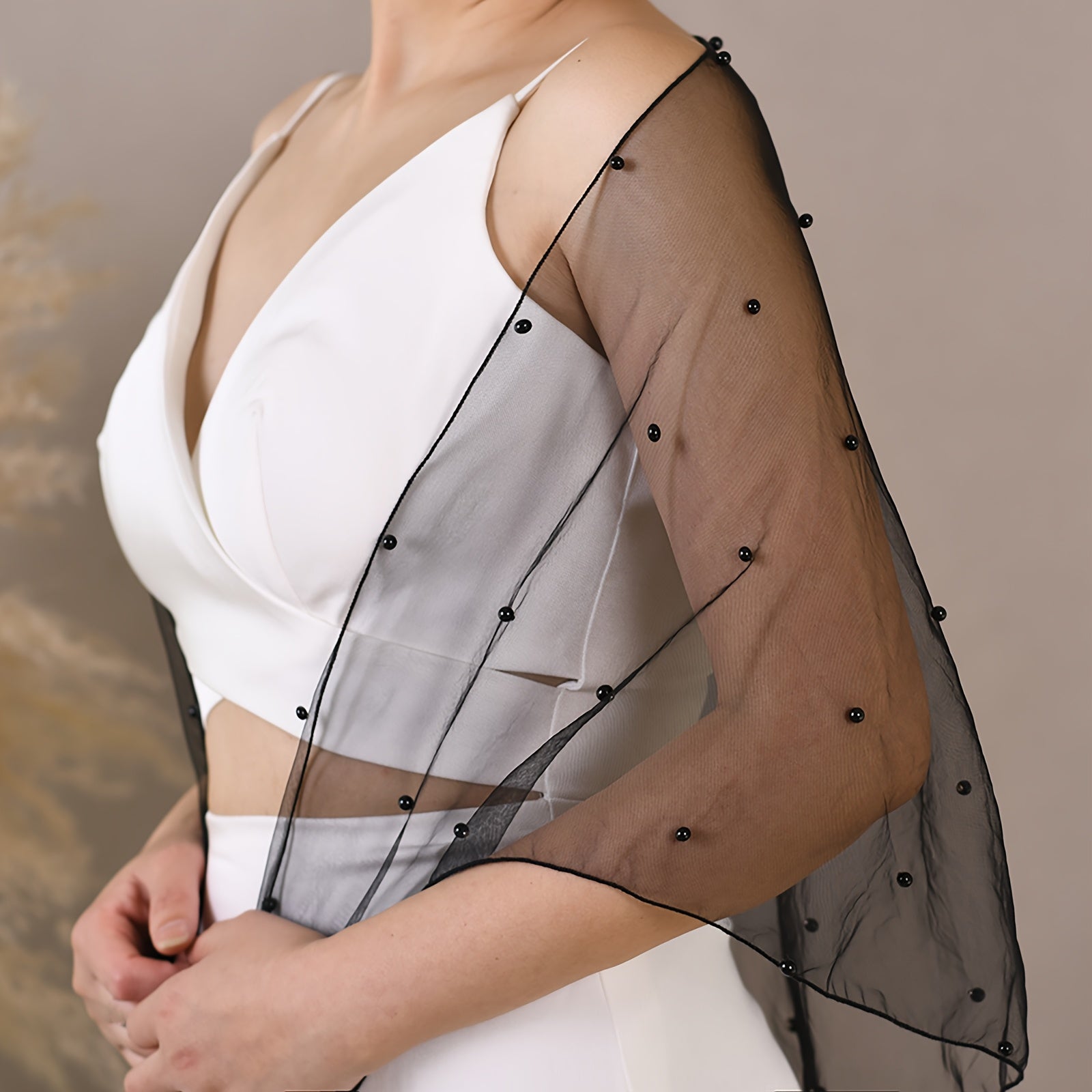 Short Bridal Cape with Pearl Mesh Overlay for Bridesmaids