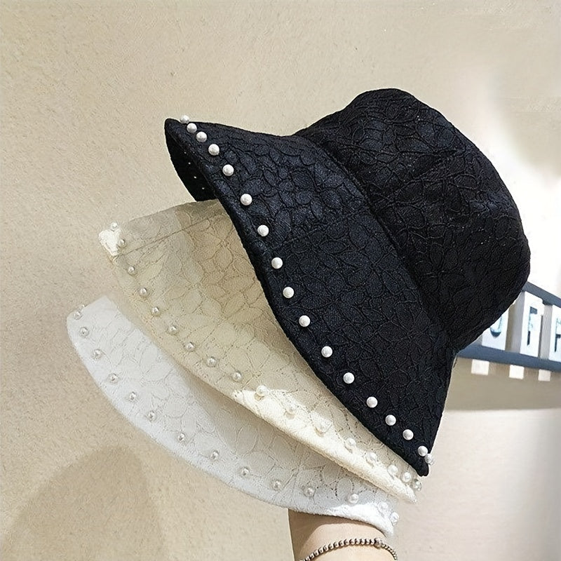 Faux Pearl Decor Bucket Hat Flower Embroidery Summer Sunshade Travel Beach Hats