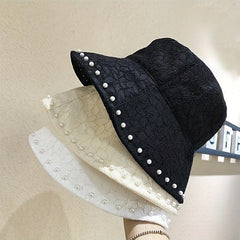 Faux Pearl Decor Bucket Hat Flower Embroidery Summer Sunshade Travel Beach Hats