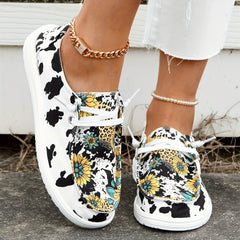 Women's Cow Sunflower Printed Canvas Loafers Lace Up Round Toe Shoes