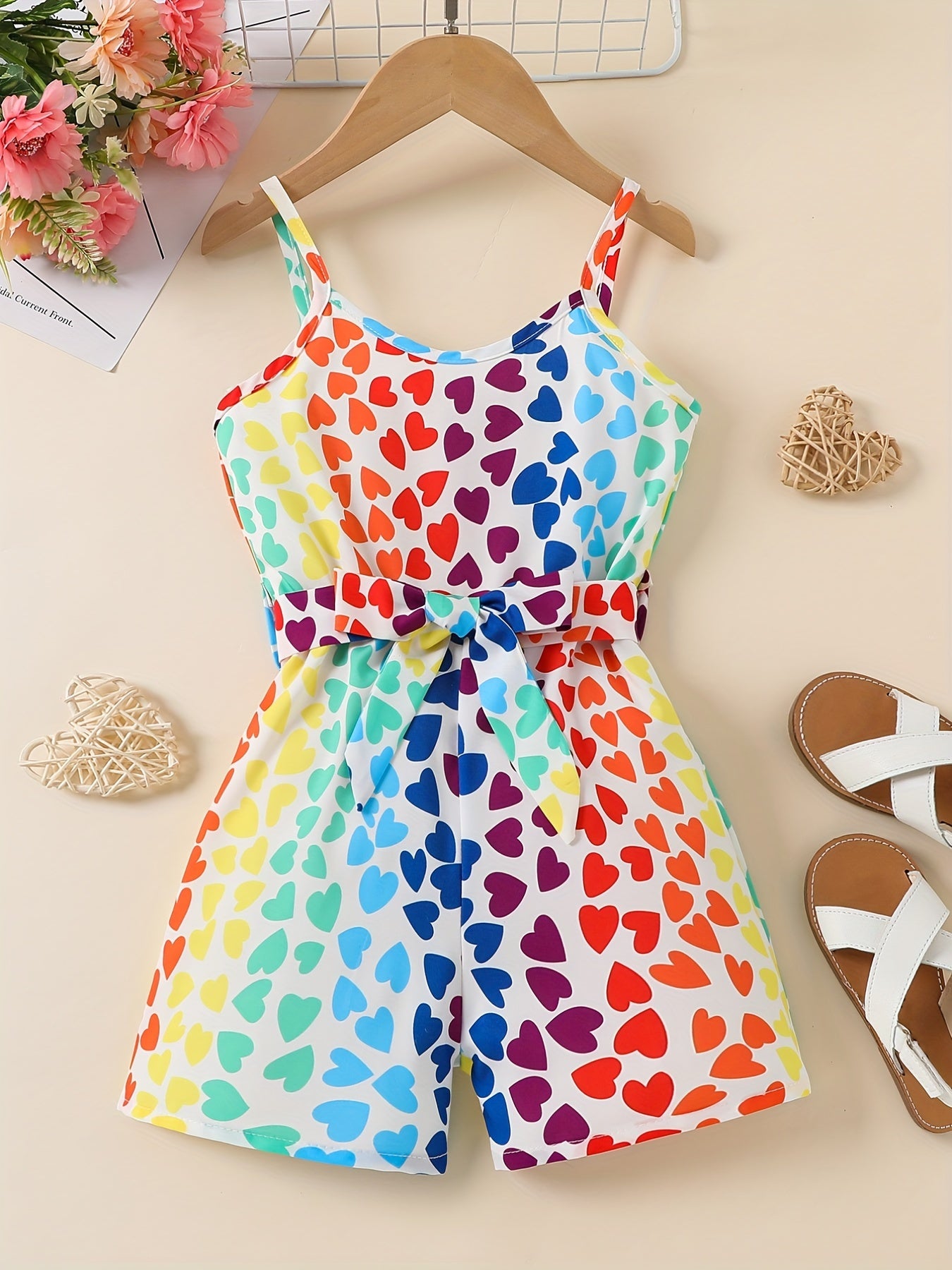 Colorful Heart Graphic Cami Romper Jumpsuit with Belt