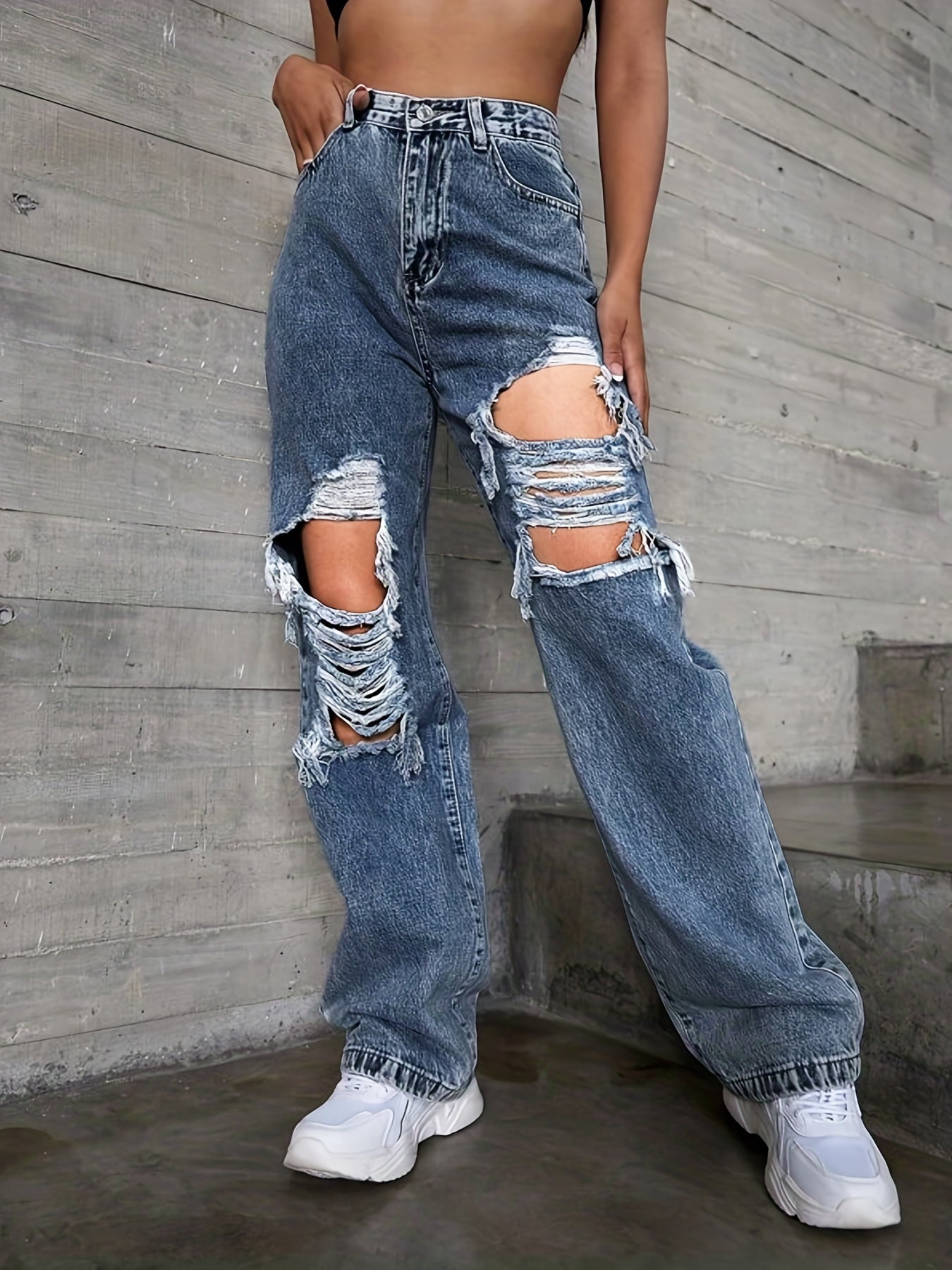 Straight Jeans Ripped Holes Non Stretch Baggy Denim Pants