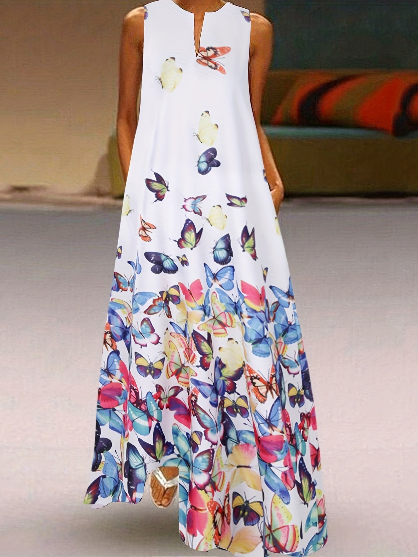  Butterfly Print Maxi Dress with Pockets