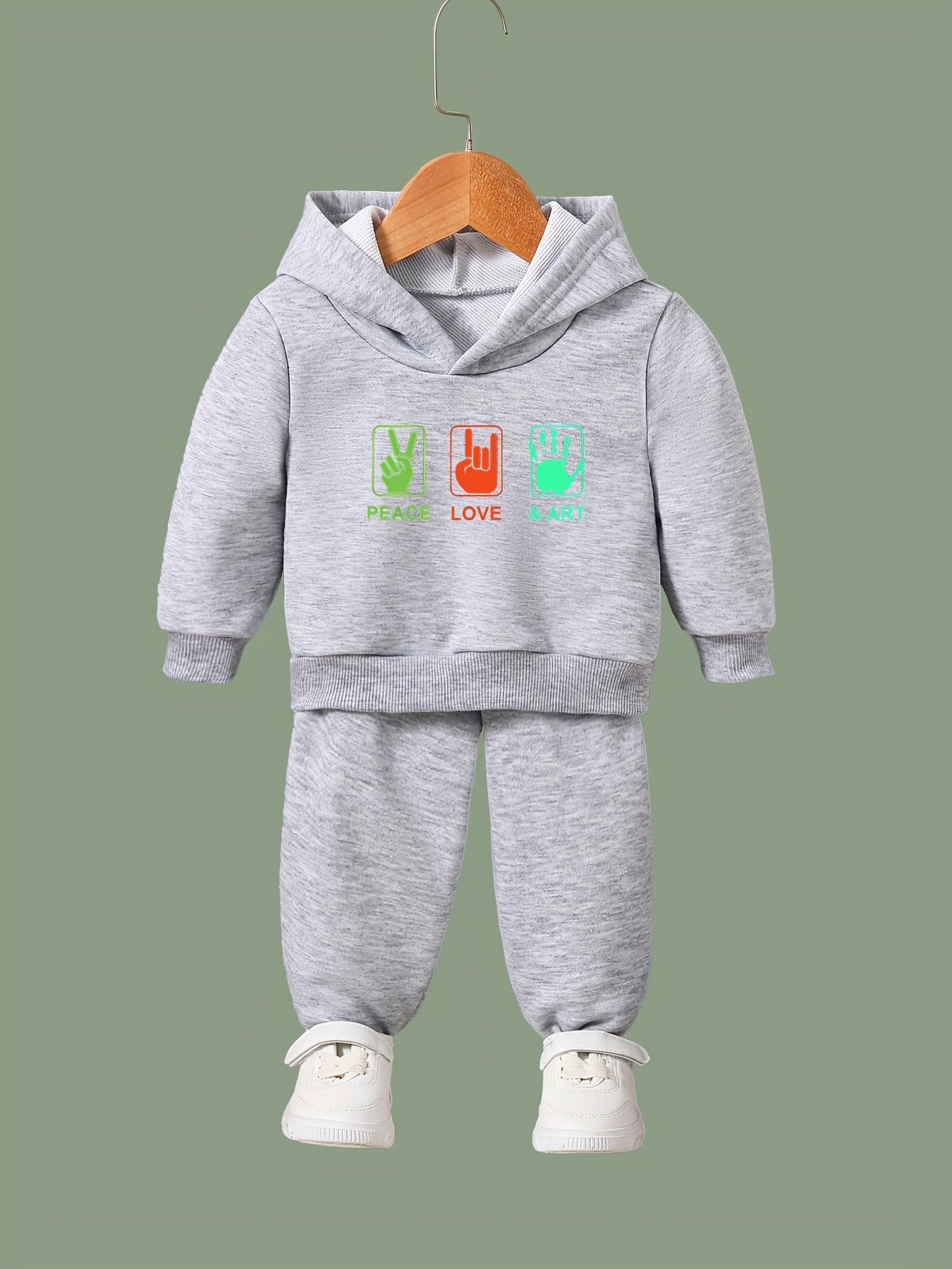 2pcs PEACE LOVE & ART Graphic Hoodies Pants Set Girls