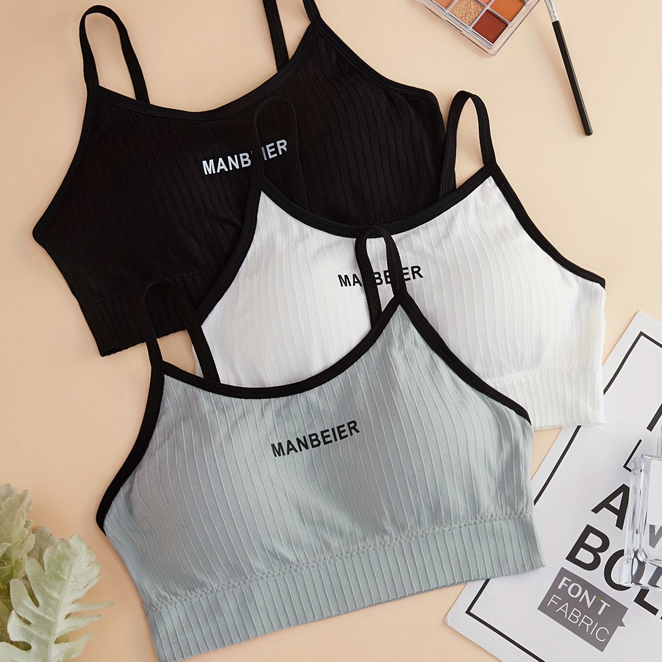 3pcs Letter Print Sports Bras Comfy & Breathable Running Workout Bra