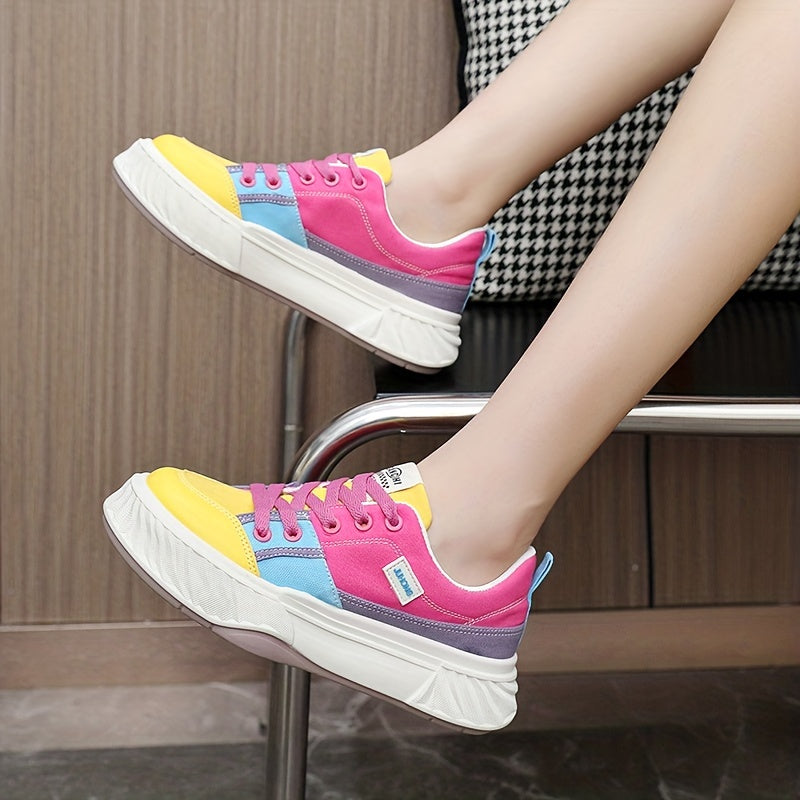 Colorblock Platform Sneakers Lace Up Low Top Canvas Shoes