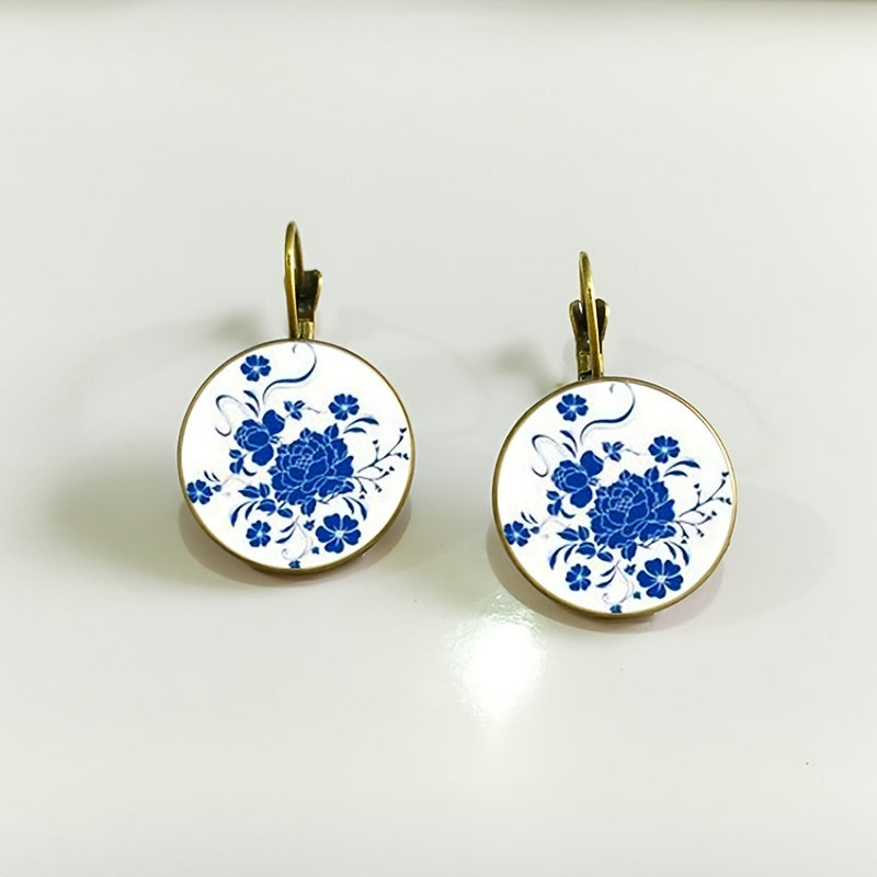 Chinese Style Time Gemstone Flower Porcelain Earrings Ear Hook