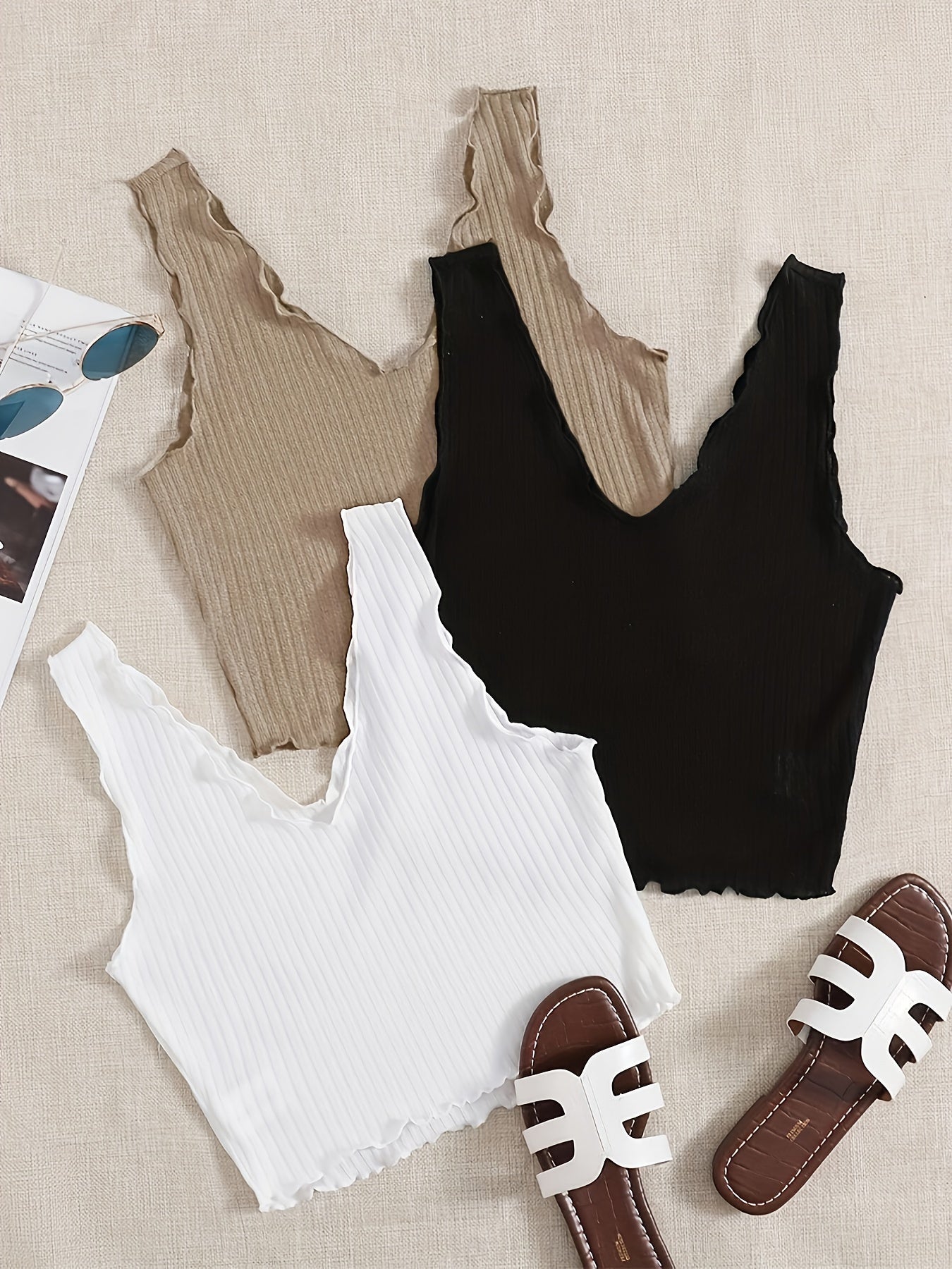 Ruffle Trim Tank Top Set Casual Summer Sleeveless Women's Clothing