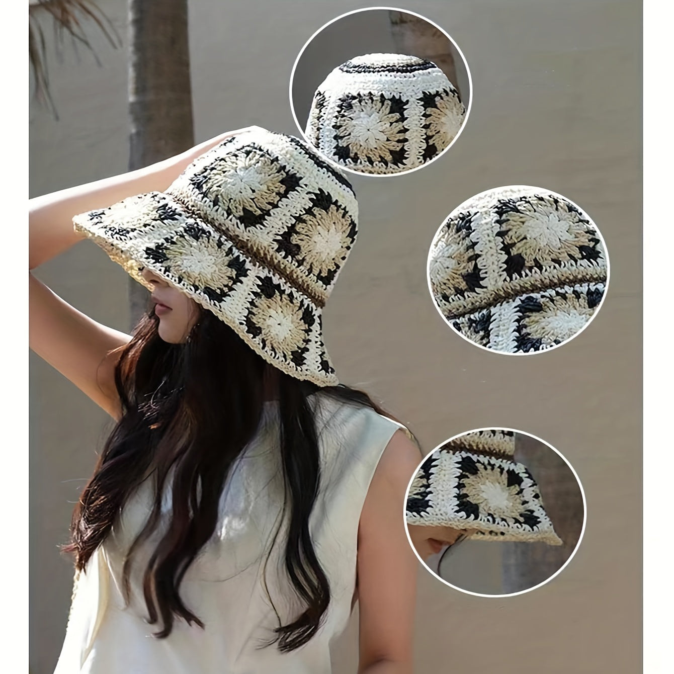 Boho Crochet Bucket Hat With Brim Hollow Out Straw Sun Hat