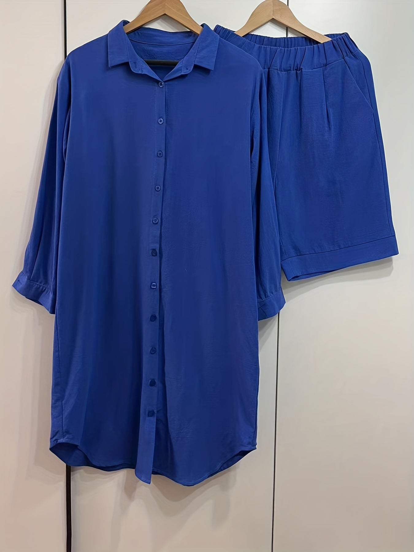 Solid Casual Two piece Set Button Front Long Shirt & Shorts