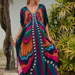  Butterfly Print V Neck Cover Up Dress