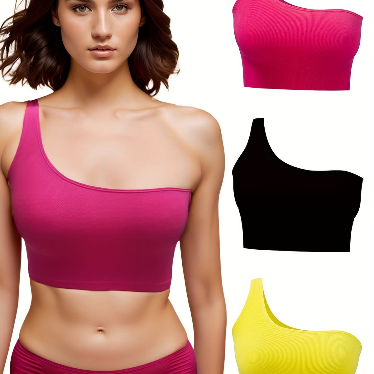 3pcs One Shoulder Straps Tops Solid Elastic Sports Top Women's Lingerie